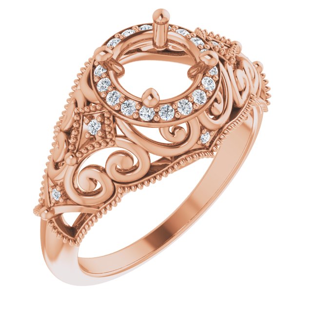 14K Rose 6.5 mm Round 1/10 CTW Natural Diamond Semi-Set Vintage-Inspired Engagement Ring